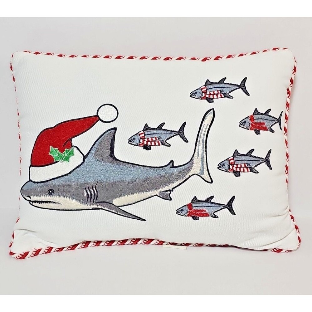 Pier 1 Imports Decorative Christmas Pillow Sharkmas Santa Shark Embroidered Fish